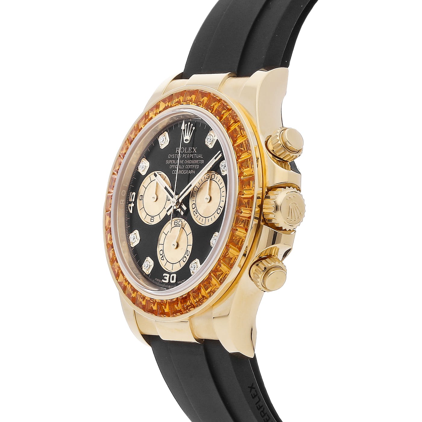 Rolex Daytona Yellow Gold Orange Sapphire Bezel Black Diamond Dial 116588SACO