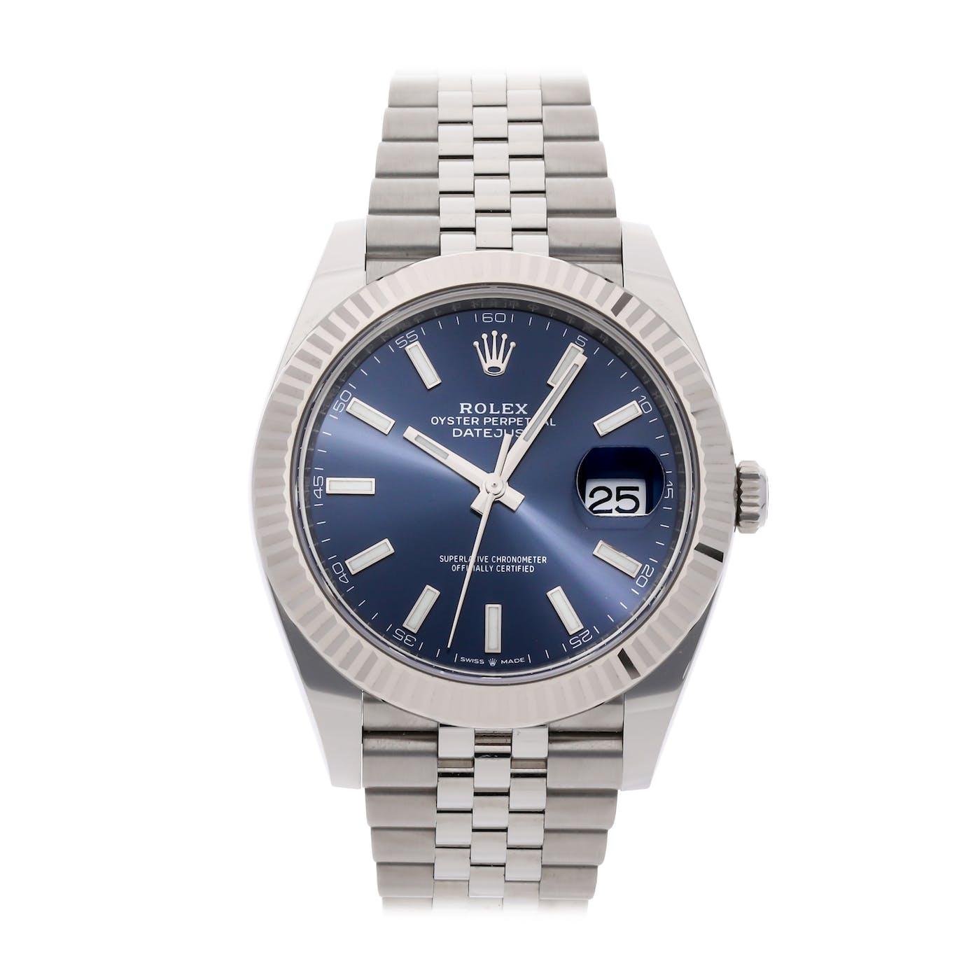 Rolex Datejust 41 Stainless Steel with White Gold Fluted Bezel Blue Index Jubilee 126334 - Clock Concierge