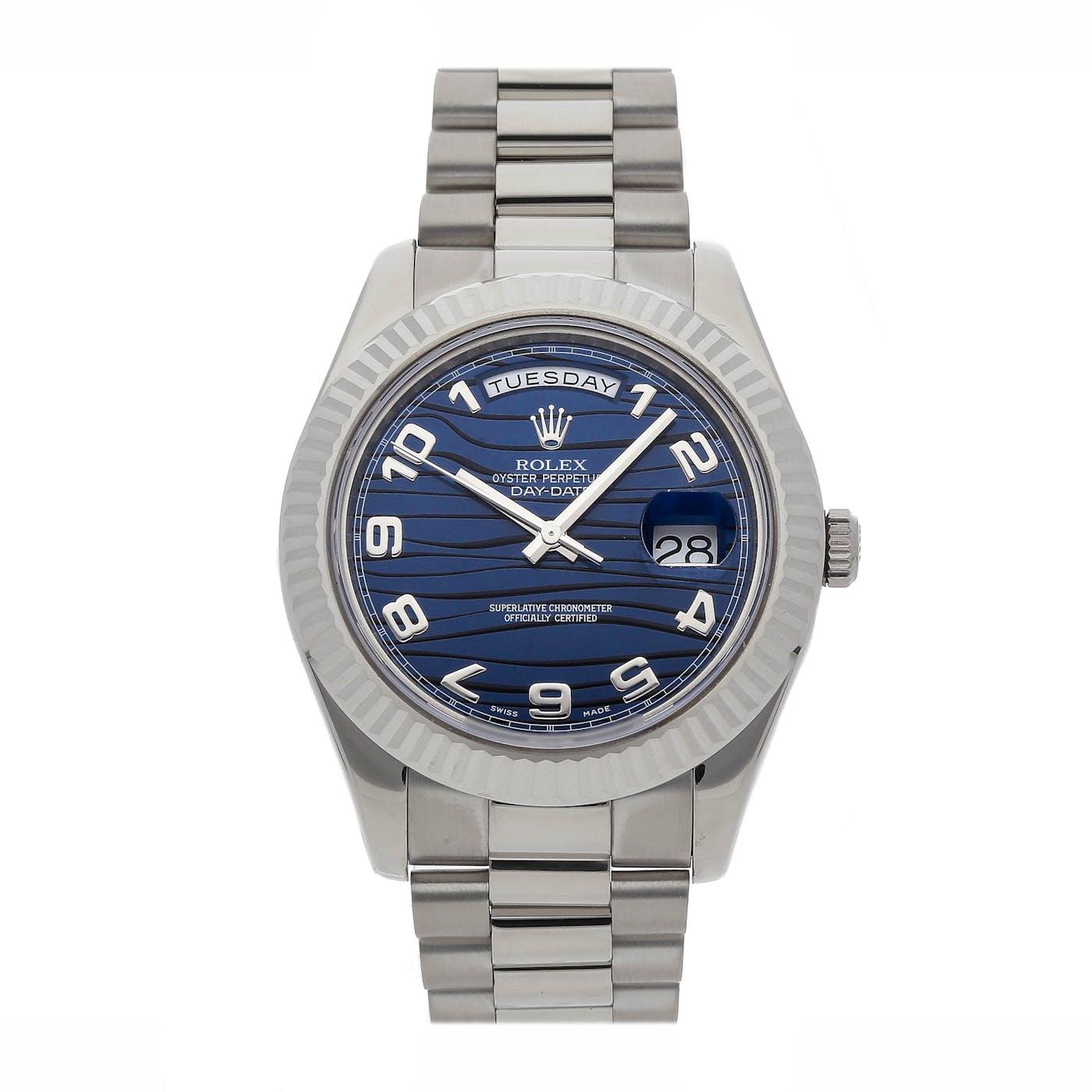Rolex Day Date 2 41mm White Gold Blue Wave 218239 - Clock Concierge