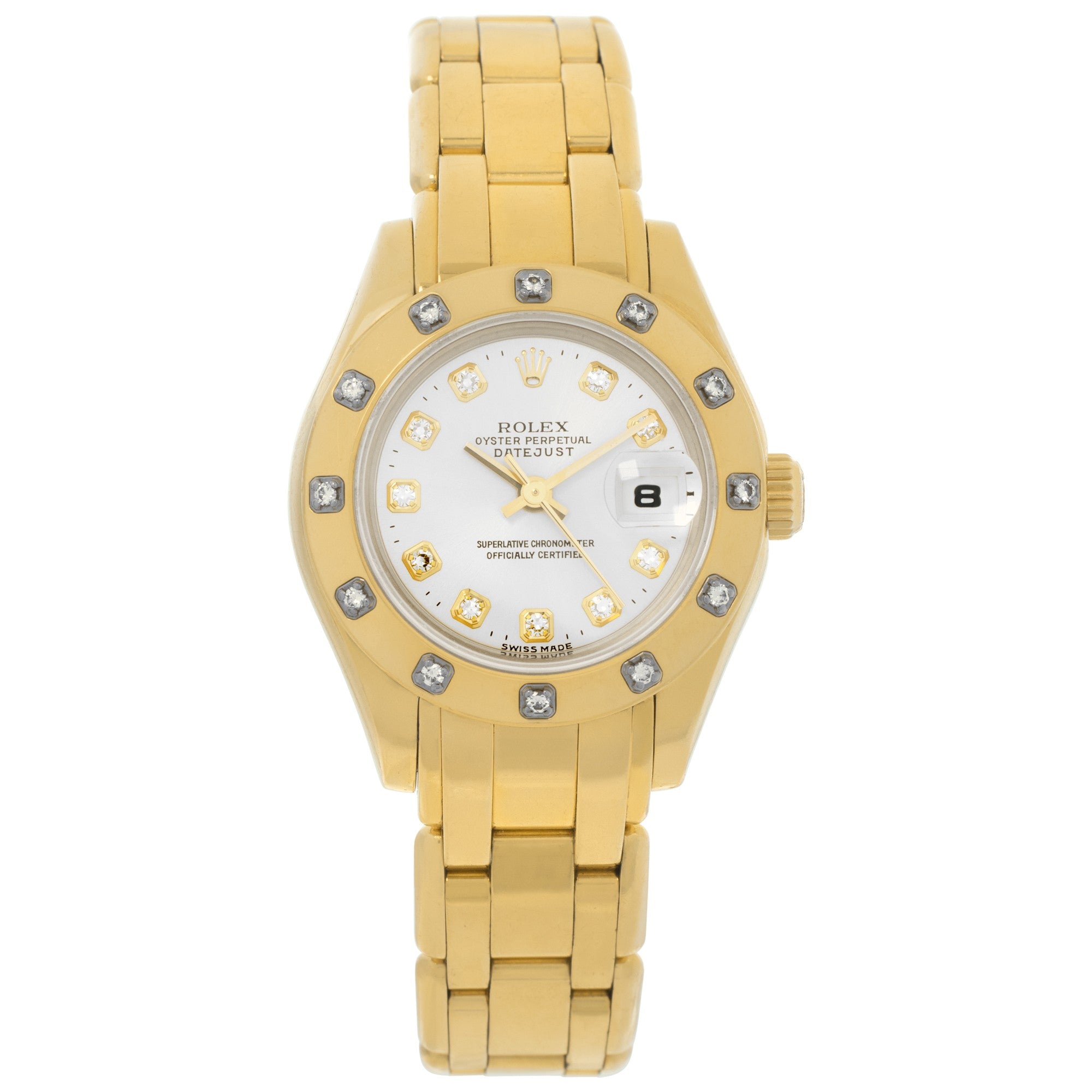 Rolex Ladies Pearlmaster Yellow Gold Factory 12 Diamond Bezel Silver Diamond Dial 80318