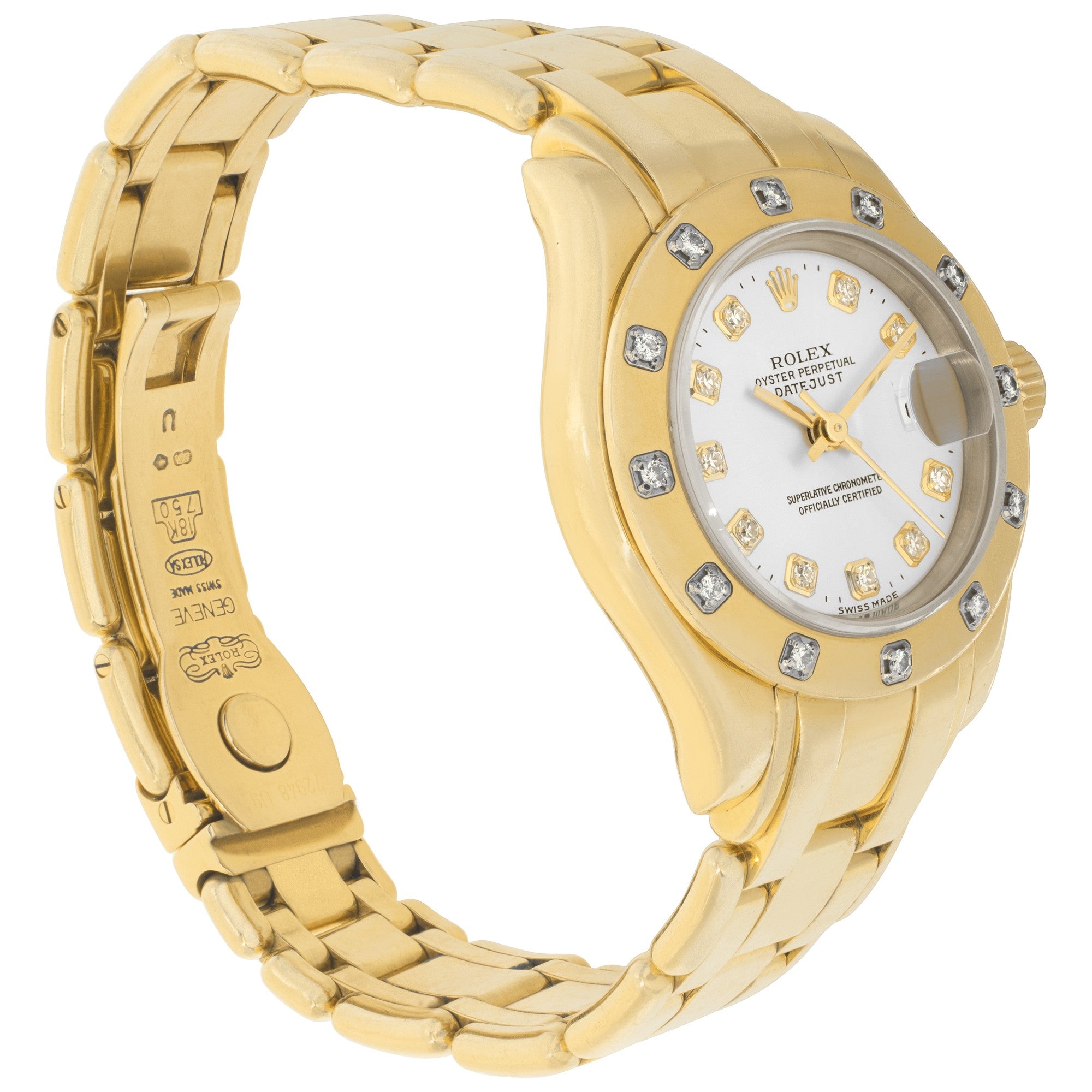 Rolex Ladies Pearlmaster Yellow Gold Factory 12 Diamond Bezel Silver Diamond Dial 80318