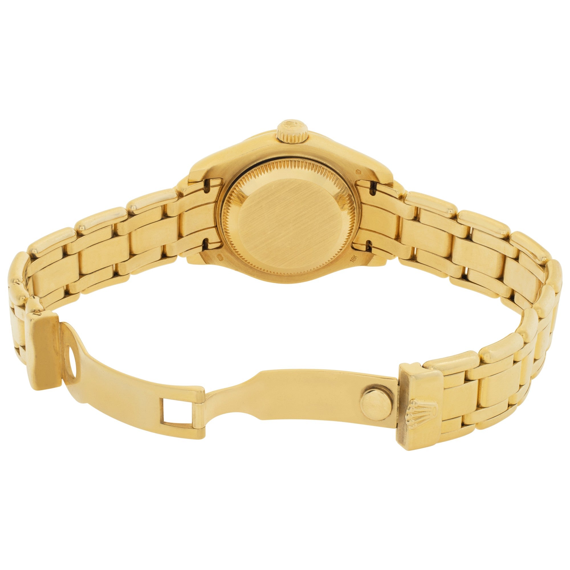 Rolex Ladies Pearlmaster Yellow Gold Factory 12 Diamond Bezel Silver Diamond Dial 80318