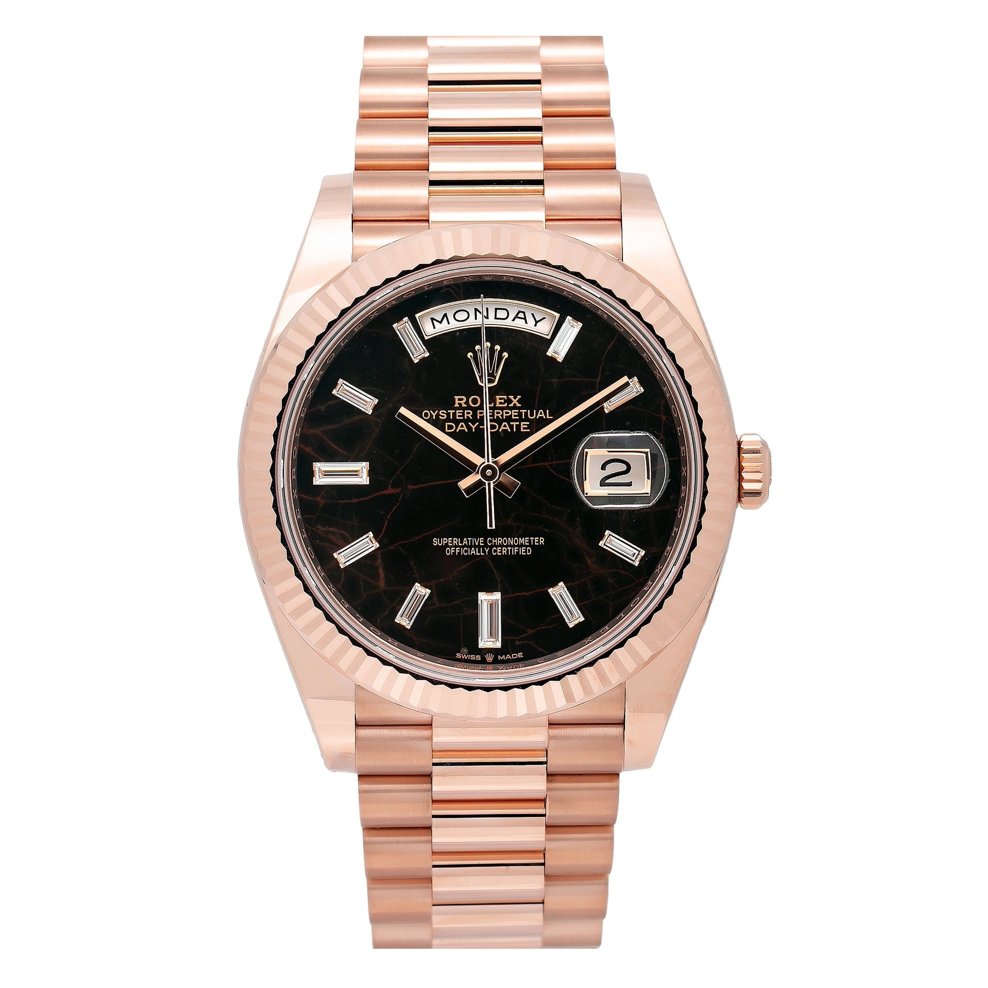 Rolex Day Date 40 Rose Gold Eisenkiesel Baguette Diamond Dial 228235A