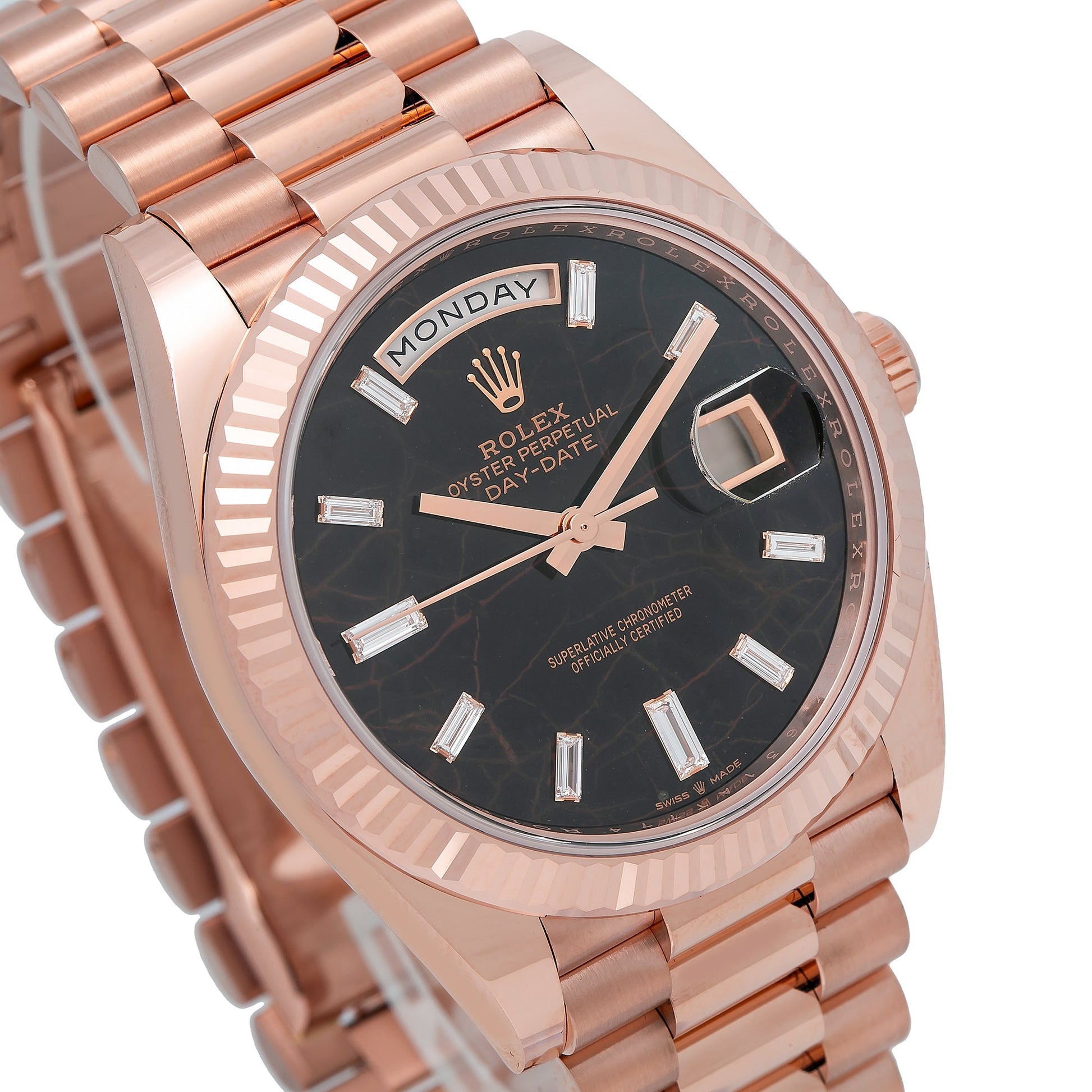 Rolex Day Date 40 Rose Gold Eisenkiesel Baguette Diamond Dial 228235A