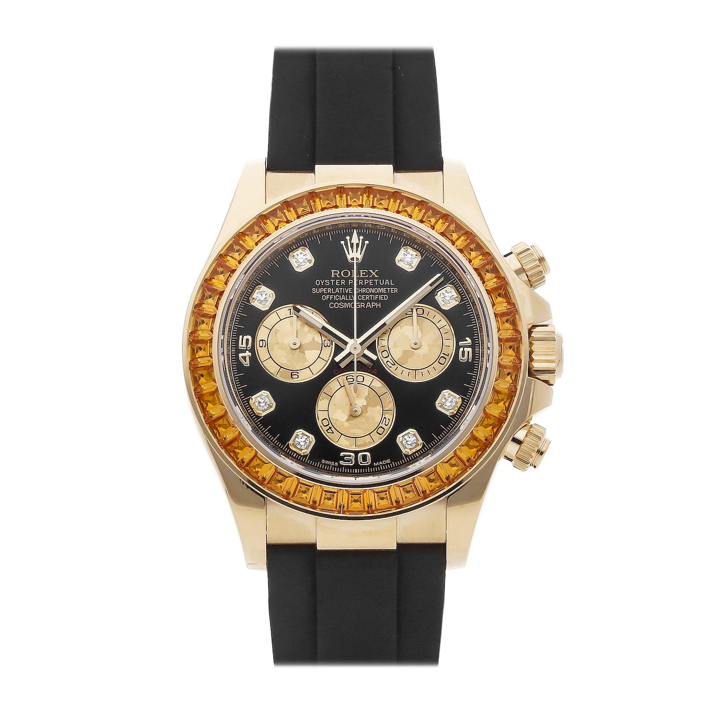Rolex Daytona Yellow Gold Orange Sapphire Bezel Black Diamond Dial 116588SACO