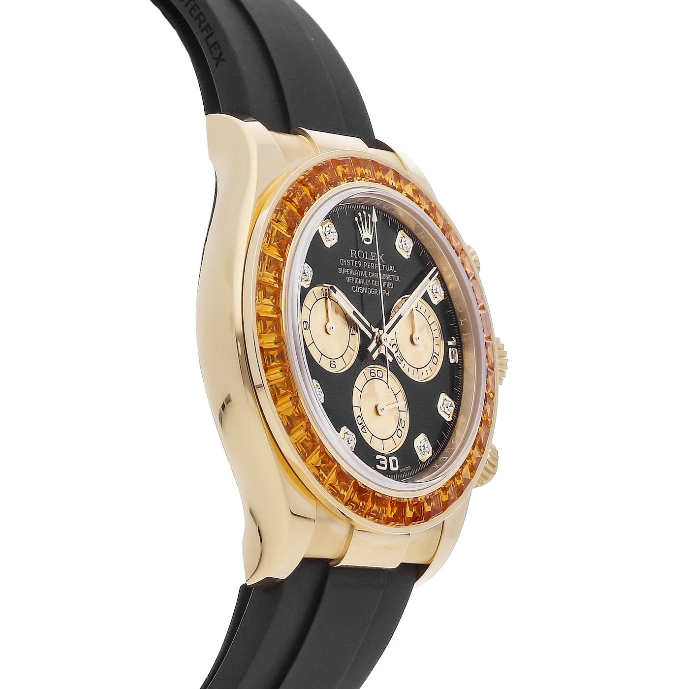 Rolex Daytona Yellow Gold Orange Sapphire Bezel Black Diamond Dial 116588SACO