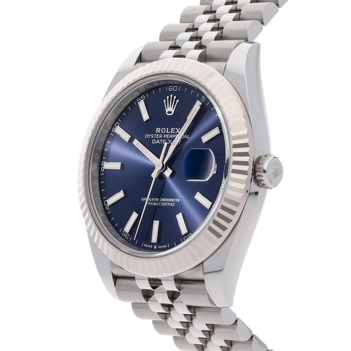 Rolex Datejust 41 Stainless Steel with White Gold Fluted Bezel Blue Index Jubilee 126334 - Clock Concierge