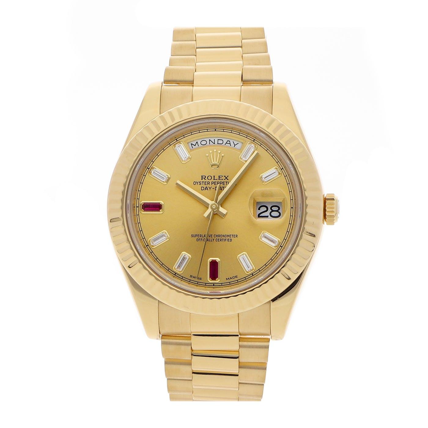 Rolex Day Date 2 41mm Yellow Gold Ruby and Baguette Diamond Dial 218238 - Clock Concierge