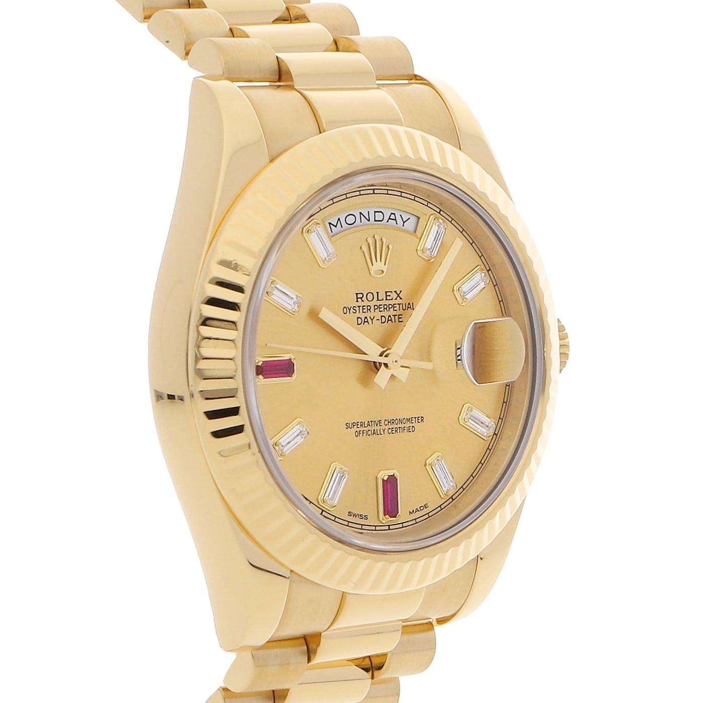 Rolex Day Date 2 41mm Yellow Gold Ruby and Baguette Diamond Dial 218238 - Clock Concierge