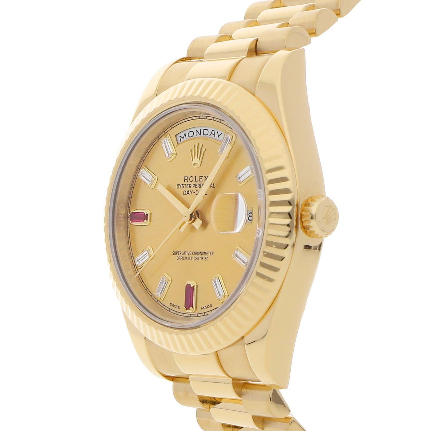 Rolex Day Date 2 41mm Yellow Gold Ruby and Baguette Diamond Dial 218238 - Clock Concierge
