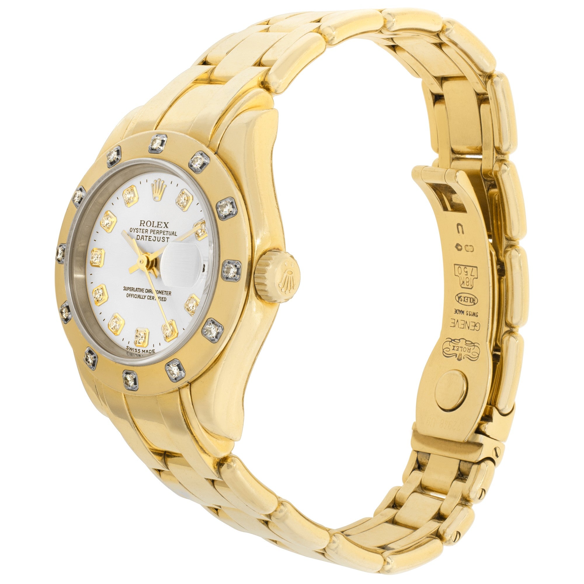 Rolex Ladies Pearlmaster Yellow Gold Factory 12 Diamond Bezel Silver Diamond Dial 80318